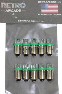 10 Pack, Green Pinball 6.3 Volt AC LED Round Replacement Bulbs 44/47 Bayonet Base BA9S, Concave Top